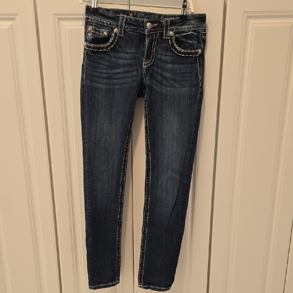 Miss Me Dark Indigo Skinny Jeans with White Contrast Stitching